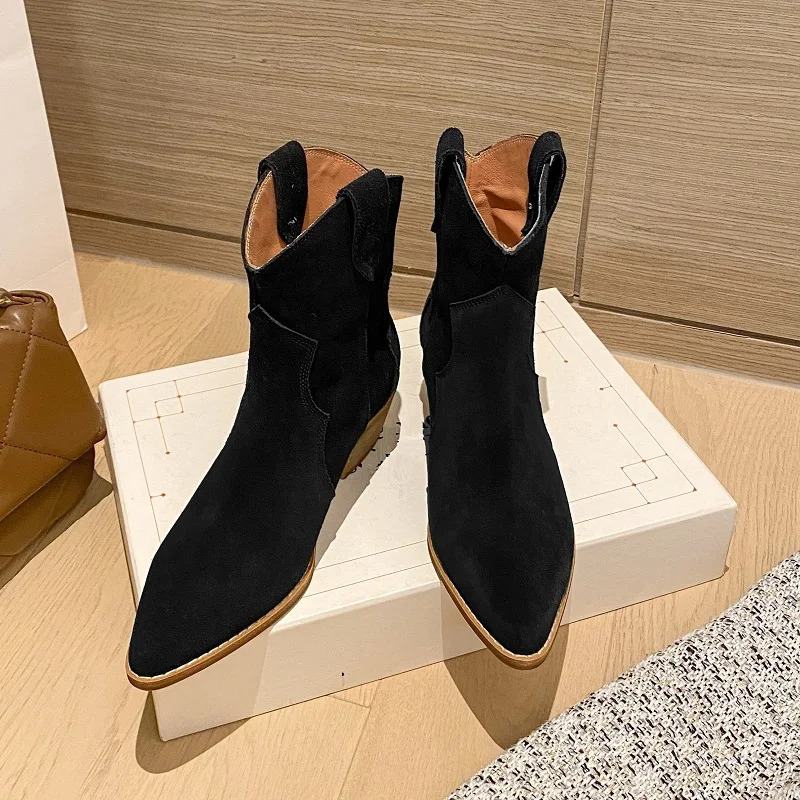 Winter Classic Chelsea Boots for Woman Cow Suede Pointy toe Wedge Heel Ankle Boots Simple Comfortable Cowboy Boots Female 240611