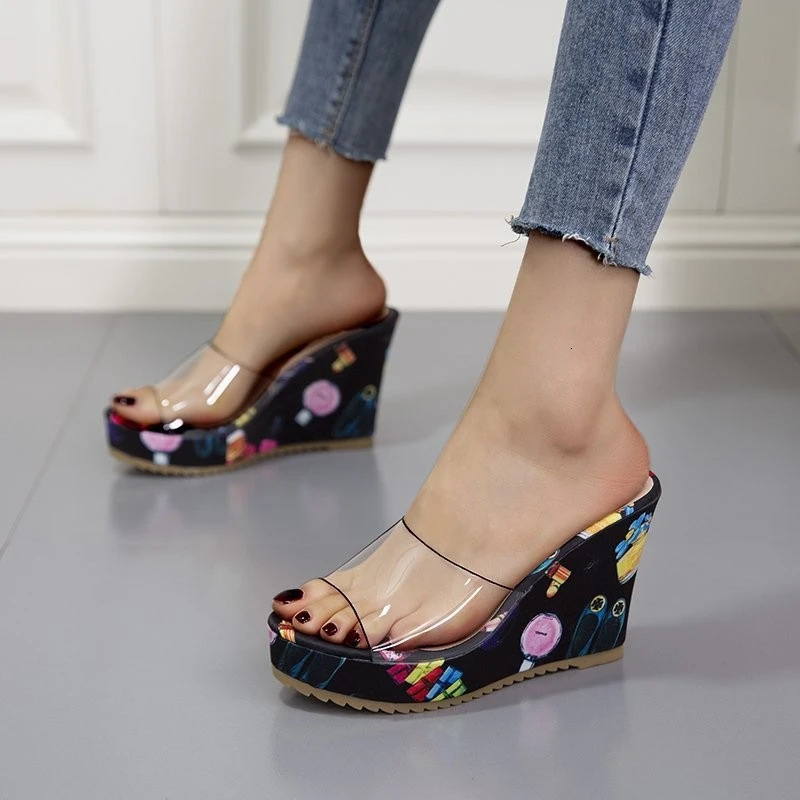 Womens wedge-shaped slider high heels platform casual womens slider summer retro transparent flower thick sole slider ethnic style 240611