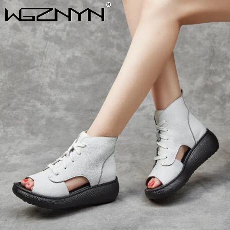Genuine Leather Peep Toe Sandals for Women Thick High Heels Retro Roman Style Short Boots for Summer Fashion and All-Day Comfort