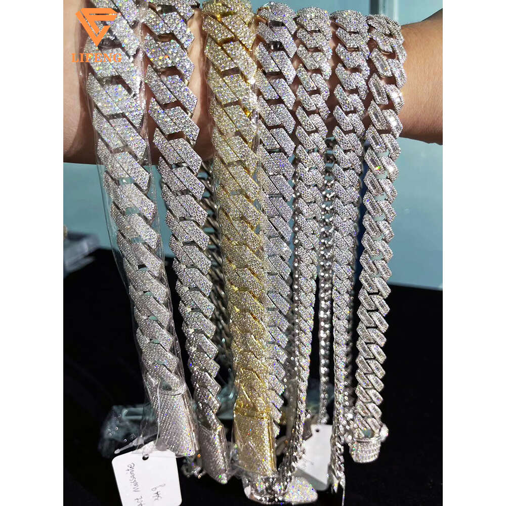 Lifeng Jewelry Iced Out Hip Hop Vvs Cuban Link Chain Necklace Luxury Moissanite 925 Silver Gold Plated Men
