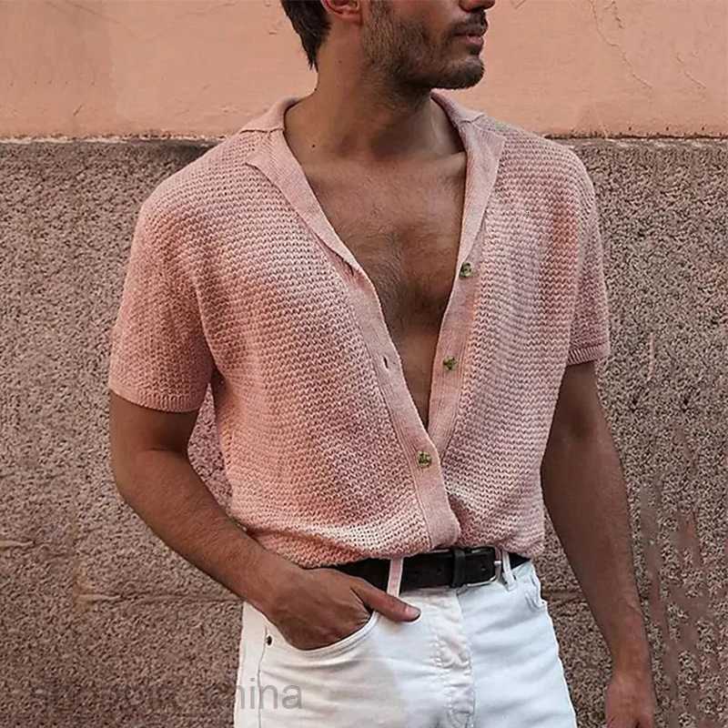 Men's T Shirts Fashionable men casual short sleeved top knitted single breasted gentleman cardigan male lapel sweater tees tops
