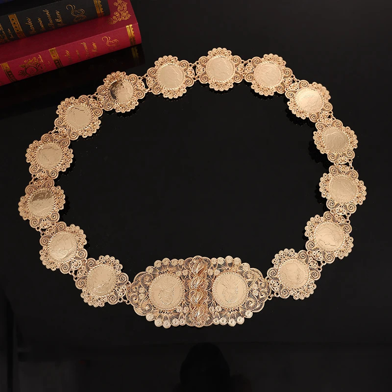 French Rich Gold Color Coin Belt for Women Algerian Traditional Caftan Wedding Dress Belts Napoleon Figure Royal Waist Chains 240531