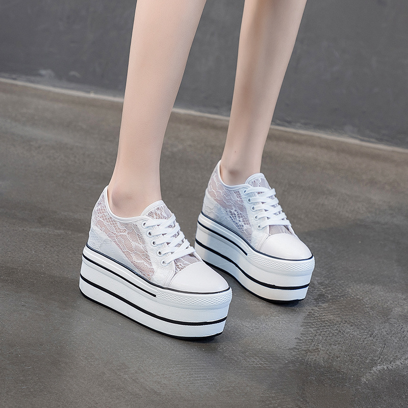 10.5cm Women Summer air mesh Fashion Ins White black Genuine Leather Chunky Sneaker Hollow Breathable Platform Wedge Shoes