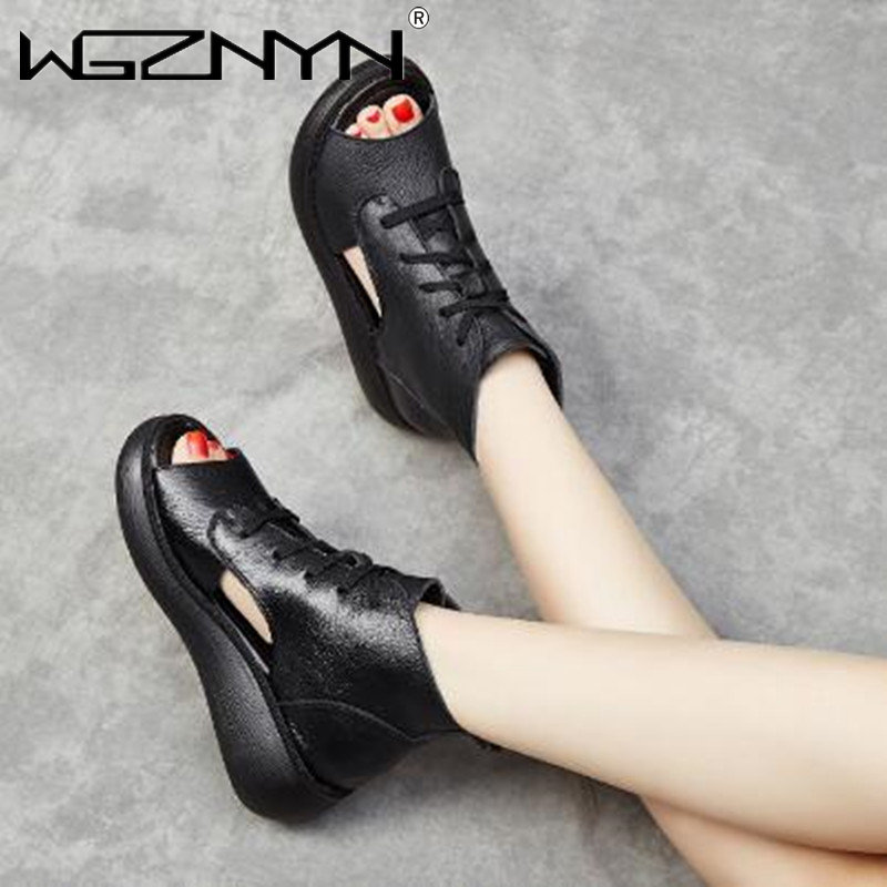 Genuine Leather Peep Toe Sandals for Women Thick High Heels Retro Roman Style Short Boots for Summer Fashion and All-Day Comfort