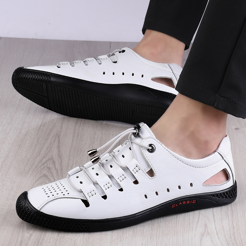 New 2023 Summer White Leather Sandals Breathable Comfort Men Beach Shoes Fashion Solid Handmade Male Flat Casual Leather Sandals