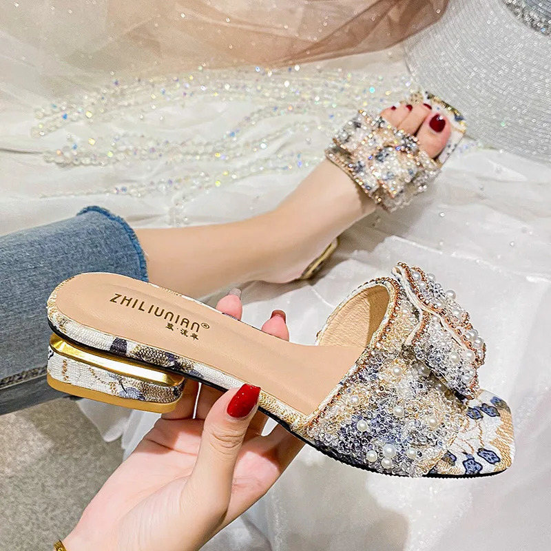 Pearl slippers womens summer coat jacket heel color all fashionable Rhinestone sandals large womens shoes 41 240611