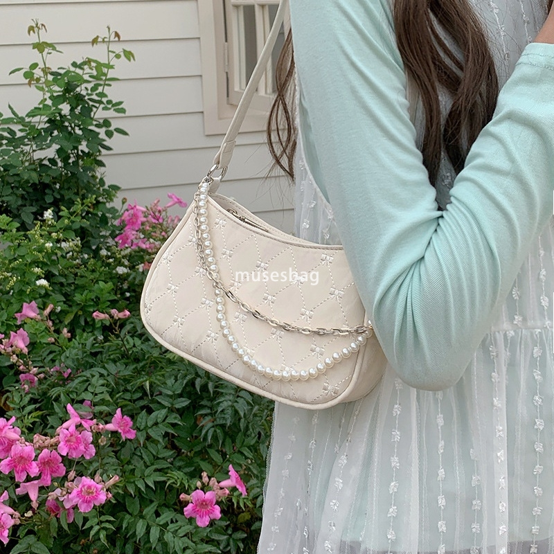 High quality premium pink butterfly club bag for women's new pearl metal chain diamond grid underarm bag casual one shoulder crossbody bag