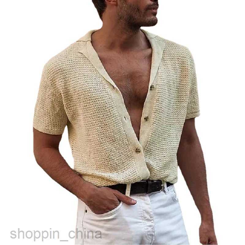 Men's T Shirts Fashionable men casual short sleeved top knitted single breasted gentleman cardigan male lapel sweater tees tops