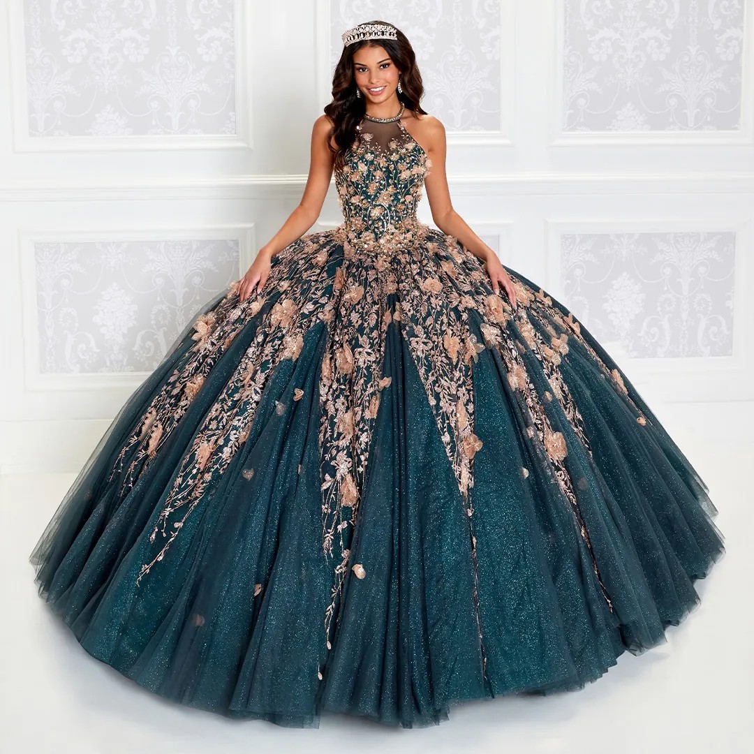 Teal Mexican Quinceanera Dresses Ball Gown Halter Sparkly Floral Appliques Puffy Charro Sweet 16 Dresses 15 Anos