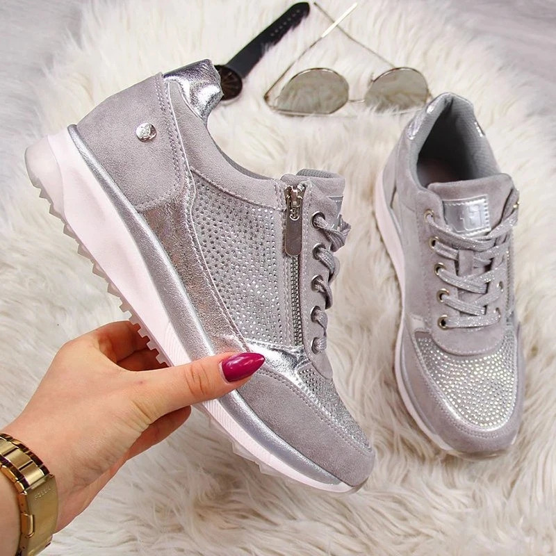 Womens Shoes Golden Sports Shoes Zipper Platform Trainer Womens Shoes Casual Lace Top Tenis Feminino Zapatos De Mujer Womens Sports Shoes 240611