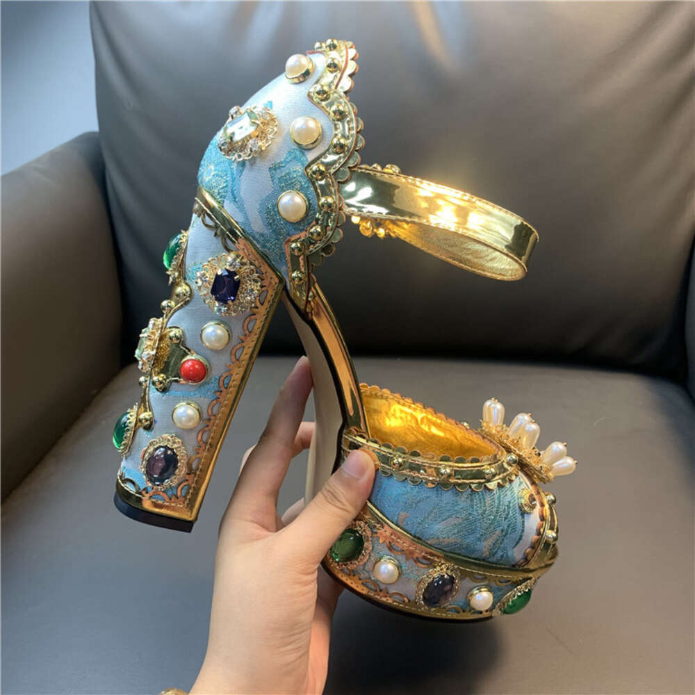 Chunky High Heels Platform Sandals For Women Rhinestone Metallic Gold Leather Woman Peep Toe Wedding Shoes