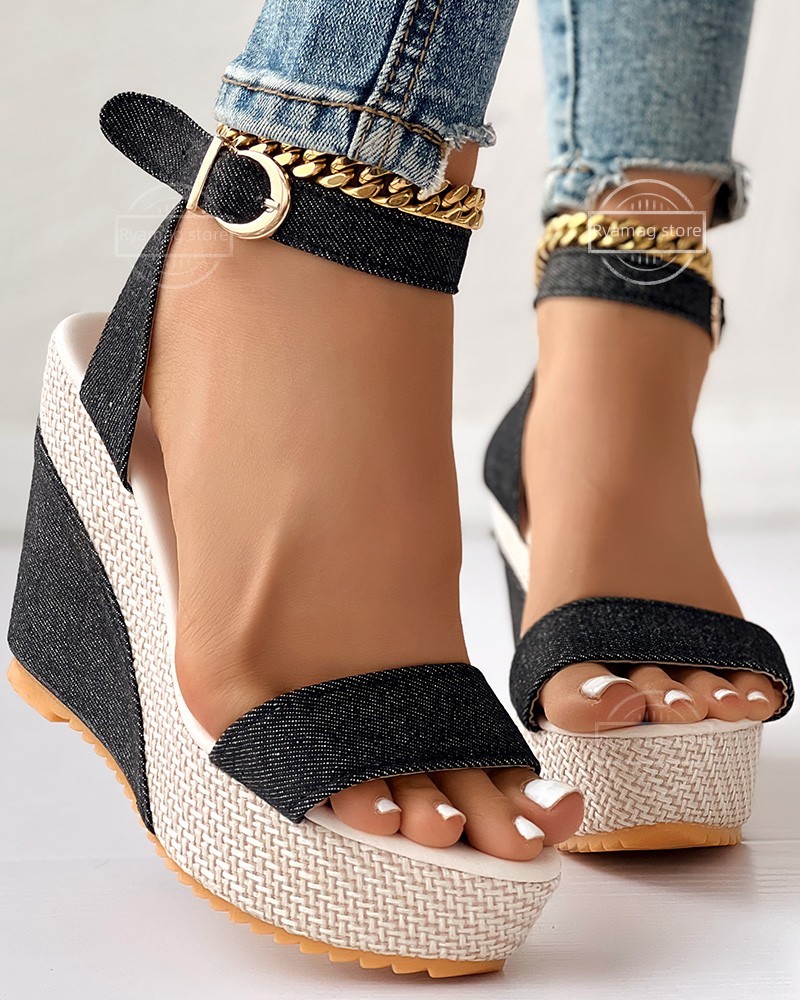 Sandals Women's Ankle Strap Peep Toe Platform Denim Wedge Sandals Zapatos De Mujer Women's Spring Shoes