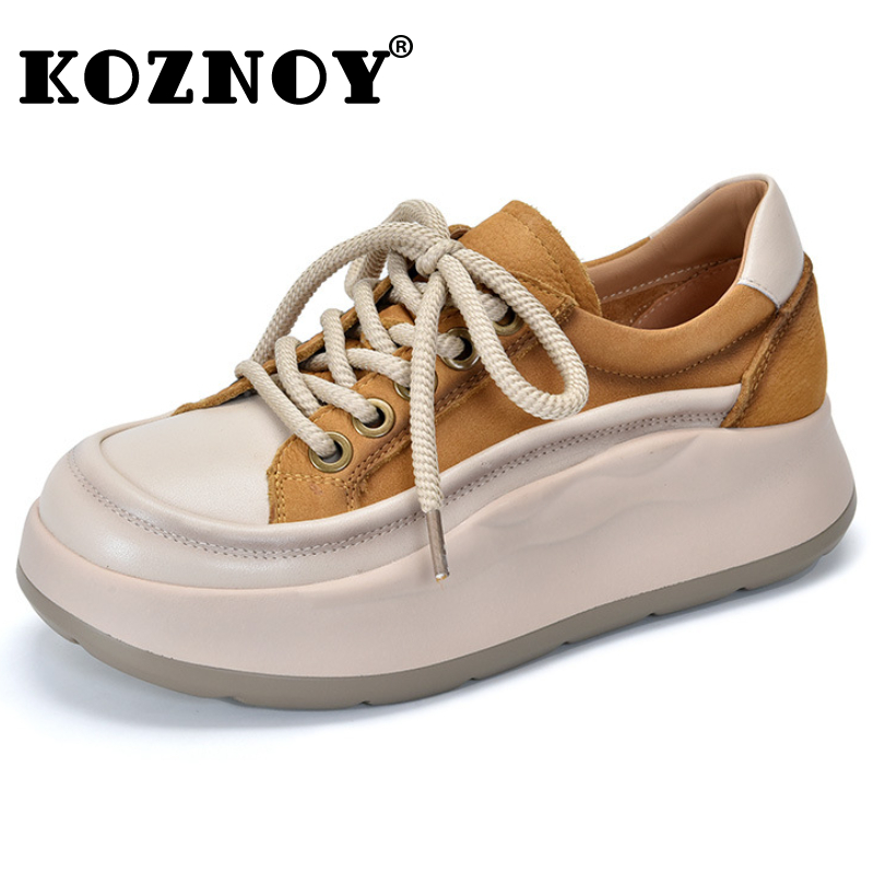 Koznoy 4cm Women Platform Comfy Skate Boarding Genuine Leather Wedge Autumn Chunky Sneakers Mixed Color Vulcanize Spring Shoes