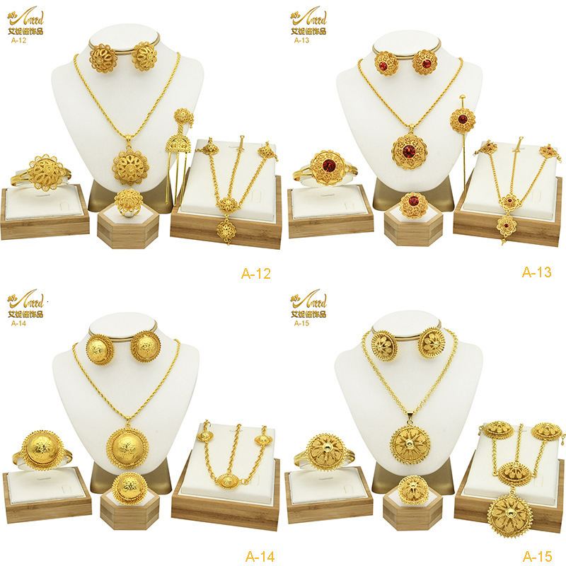 New Dubai 24K Gold Jewelry Set Bride Necklace Earring Ring Bracelet Hairpin Head Chain Six Piece Set 230725