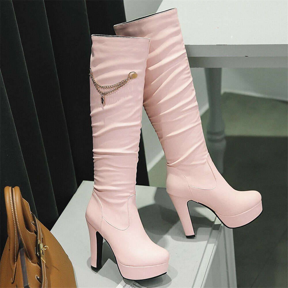 2024 Autumn Winter Knee High Boots Women Fashion Pink White Black Stiletto Heel Long Booties Ladies Chain Platform Boats Mujer