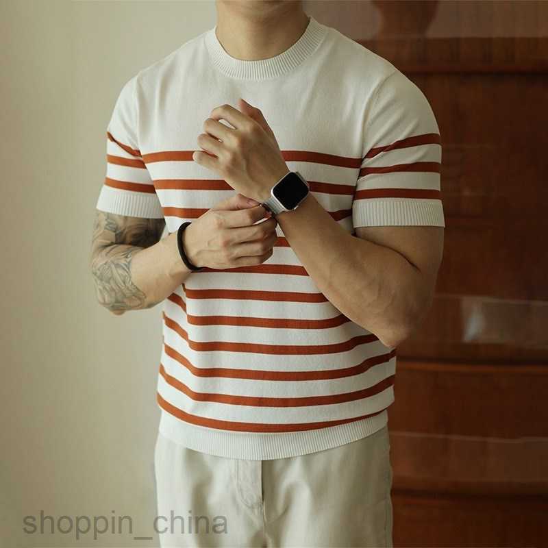 Men's T Shirts mature style round neck striped knitted short sleeved T-shirt for man casual business spring/summer top half sleeved T-shirt tees 
