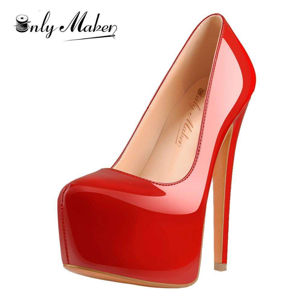 Onlymaker Women Platform Round Toe Pumps Slip On Stiletto Black Patent High Heels Wedding Party Plus Size Sexy Shoes