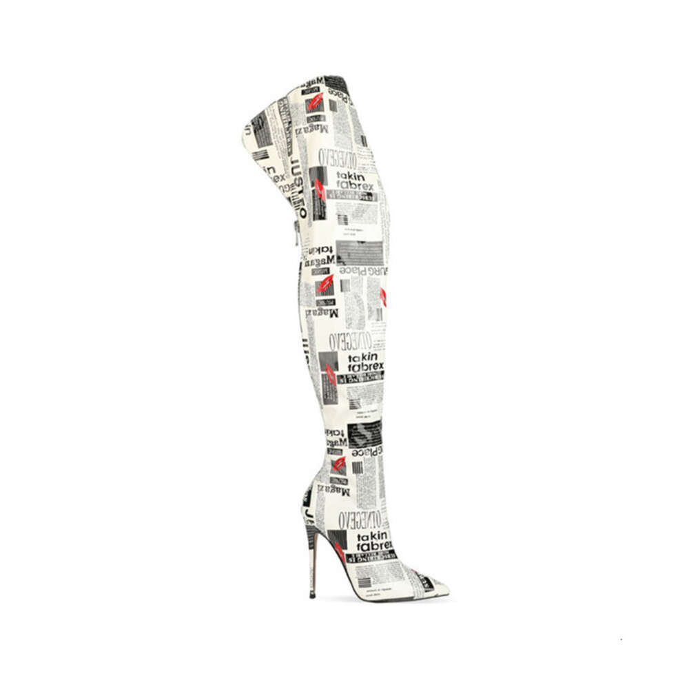 White Thigh High Patent Leather Over The Knee Boots Fashion News Paper Print Autumn Winter Shoes For Women Plus Size 250305