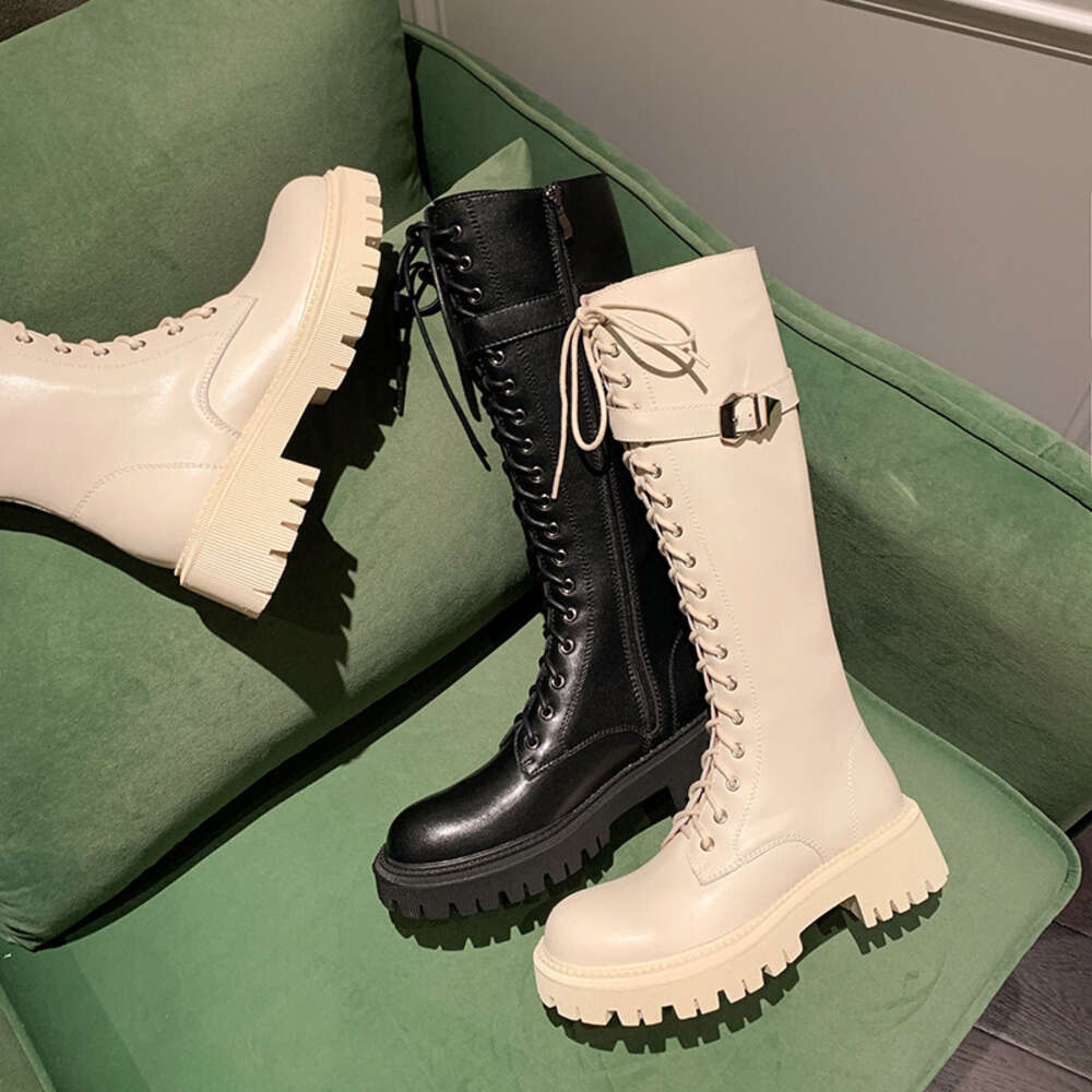 KHOU Fashion Knee-High Women New High-Quality Leather Lace-Up Platform Street All-Match Martin Knight Boots