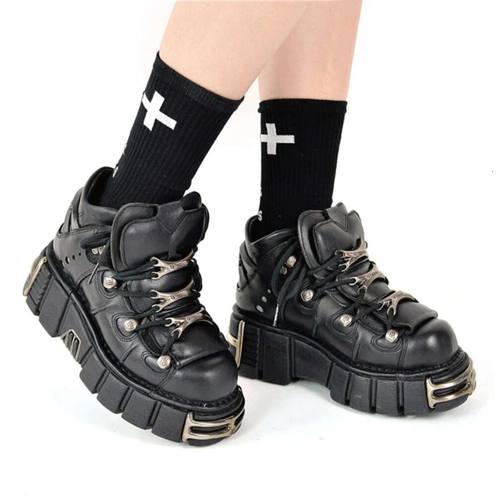 2024 New Brand Punk Style Women Lace-Up Heel Height 6Cm Platform Shoes Rock Boots Metal Decor Woman Sneakers