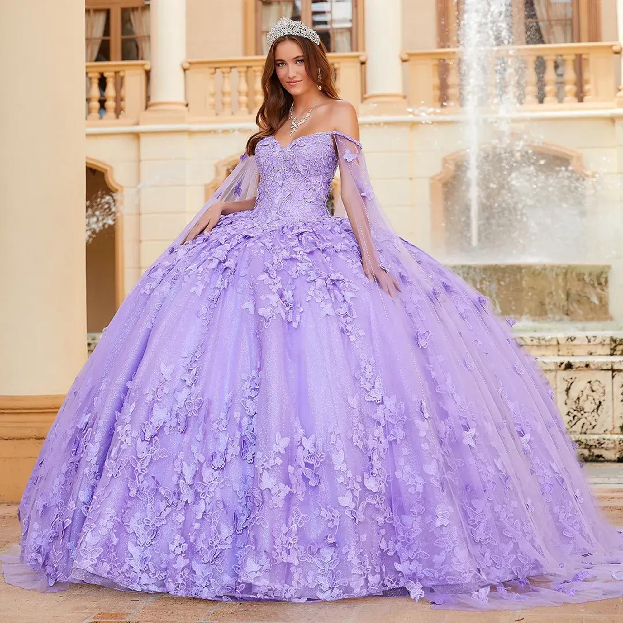 Lavender Mexican Quinceanera Ball Gown Off The Shoulder Lace Beaded Puffy Charro Sweet 16 Dresses 15 Anos