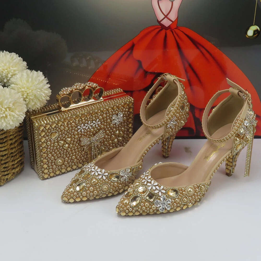 New Pointed Toe Bridal Wedding Shoes Bag Champagne Gold Crystal Party Shoes Ankle Strap Thin High Bowknot Pumps And Handbag