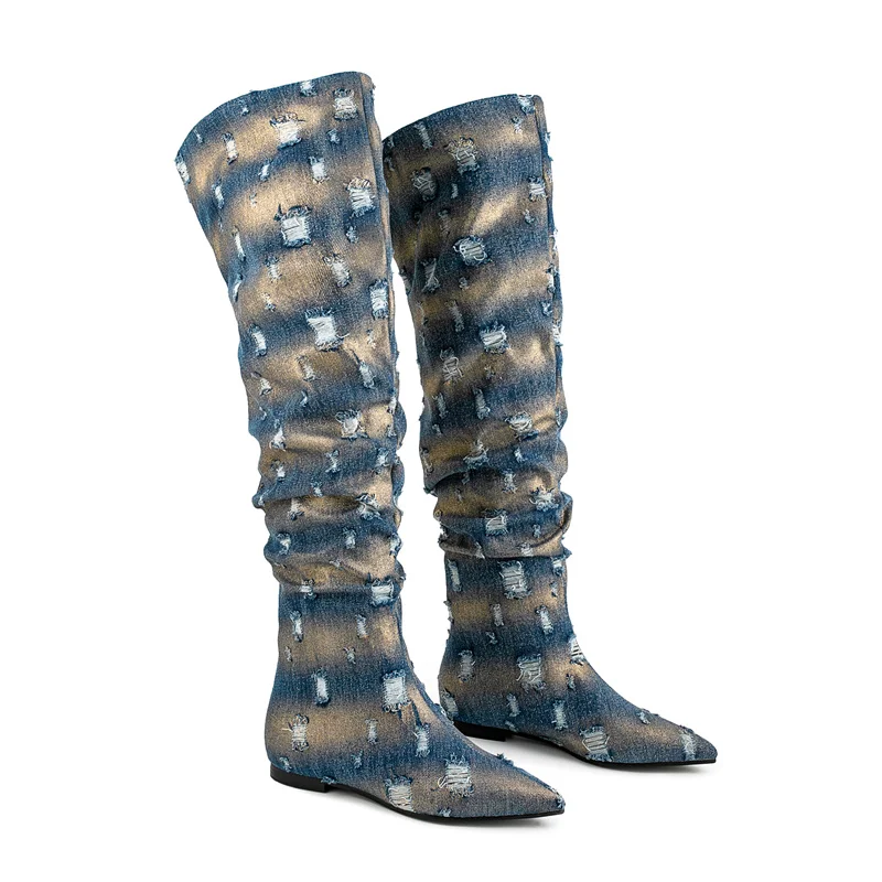 Washed Denim Flat Bottomed Fashionable Pleated Long Size 35-45 Retro Fold Over Knee Boots Pointed Low Heels Women Shoes