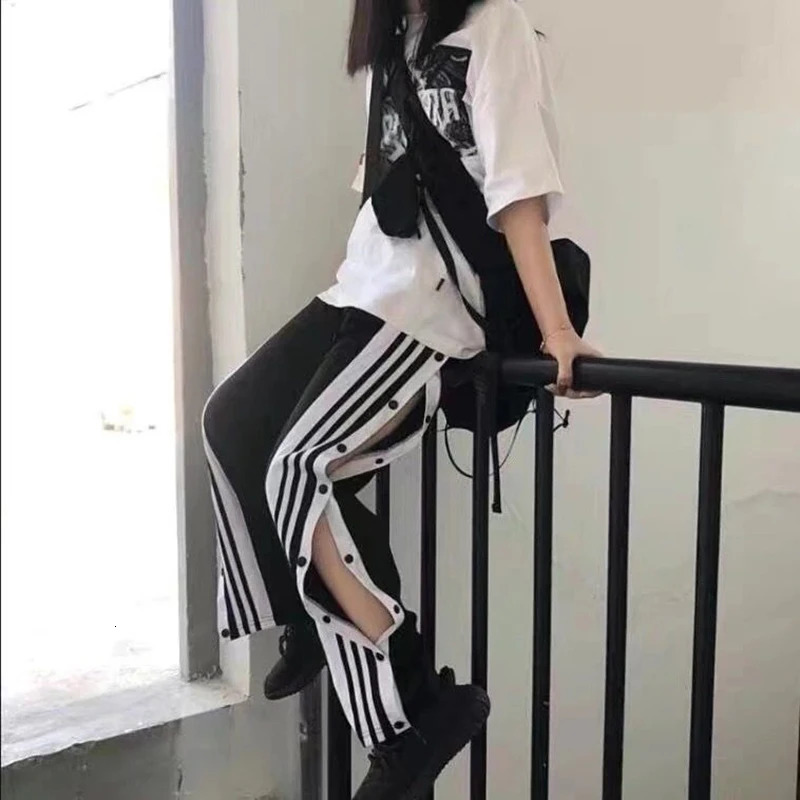 MEXZT Y2K Striped Joggers Sweatpants Women Button Slit Baggy Wide Leg Pants Streetwear Elastic High Waist Loose Casual Trousers 240530