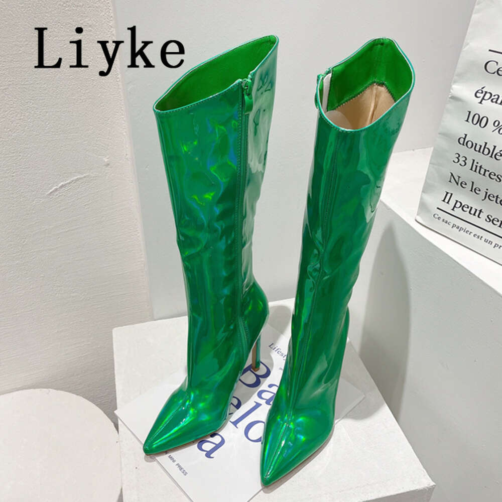 Liyke Sexy Party Nightclub Stripper Knee High Boots Female Green Smooth Patent Leather Pointed Toe Heels Women Shoes Zip Booties