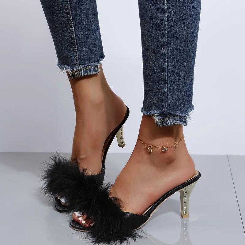 Pink White Women Sandals Sexy Open Toe Furry Fur Summer High-Heeled Pumps Ladies Metal Buckle Strap Wedding Party Shoes 240611