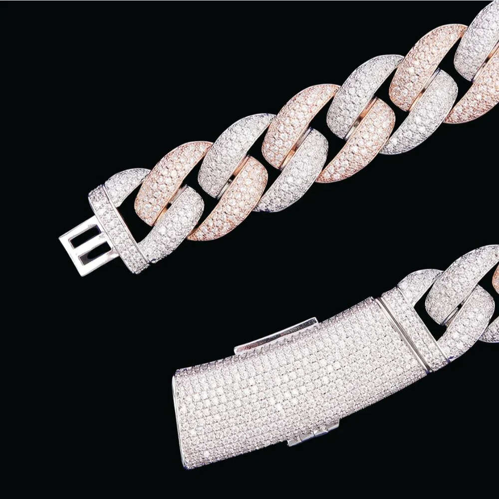 Custom Fashion 20mm 2 Tone Gold Cuban Chain Round Vvs Moissanite Diamond with Long Box Clasp Cuban Miami Link Chain