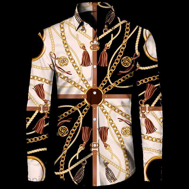 Men's Casual Shirts Directly operated men long sleeved lapel cardigan male fashion gold chain 3D printed long shirt tops