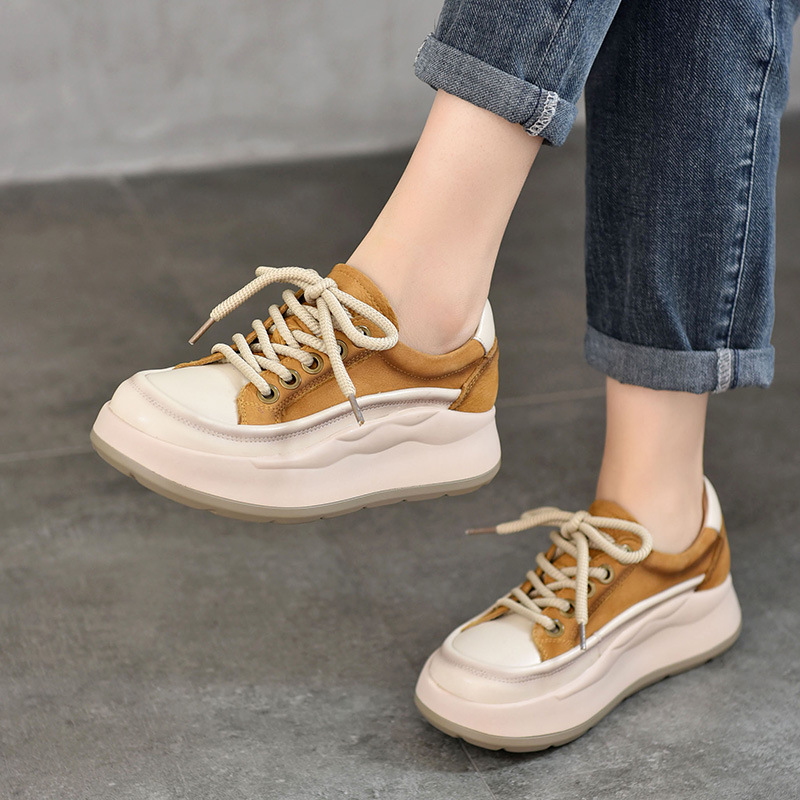 Koznoy 4cm Women Platform Comfy Skate Boarding Genuine Leather Wedge Autumn Chunky Sneakers Mixed Color Vulcanize Spring Shoes
