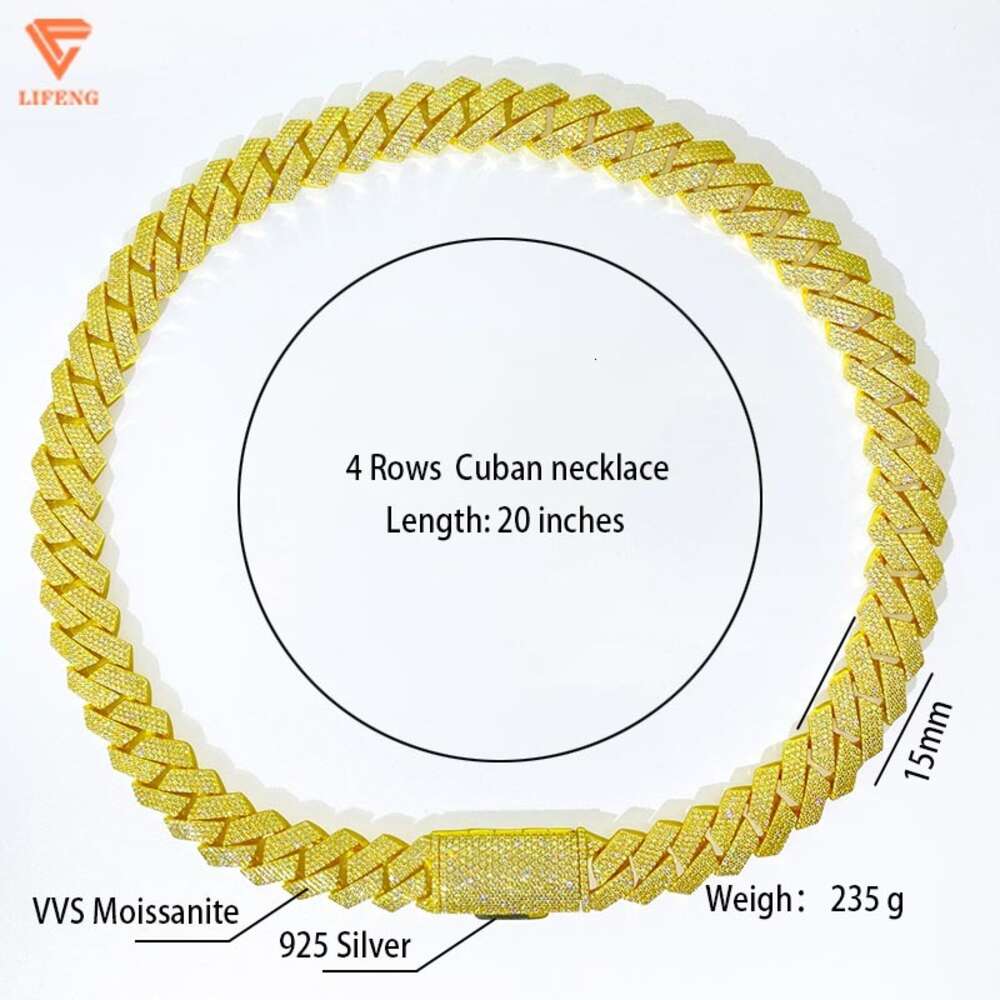Lifeng Jewelry Iced Out Hip Hop Vvs Cuban Link Chain Necklace Luxury Moissanite 925 Silver Gold Plated Men
