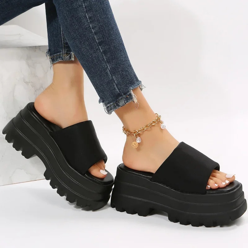 2024 Summer Womens Single Band Platform Sandals Black Nylon Thick Platform Wedge Sliding Sandals 240611