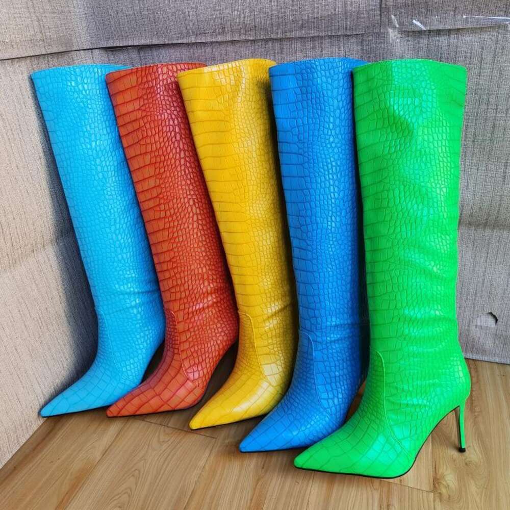 Plus Size 43 Women Sexy Crocodile Pattern Knee High Boots 2022 New Autumn Winter High-Heel Pointed Toe Women's Shoes Green Black