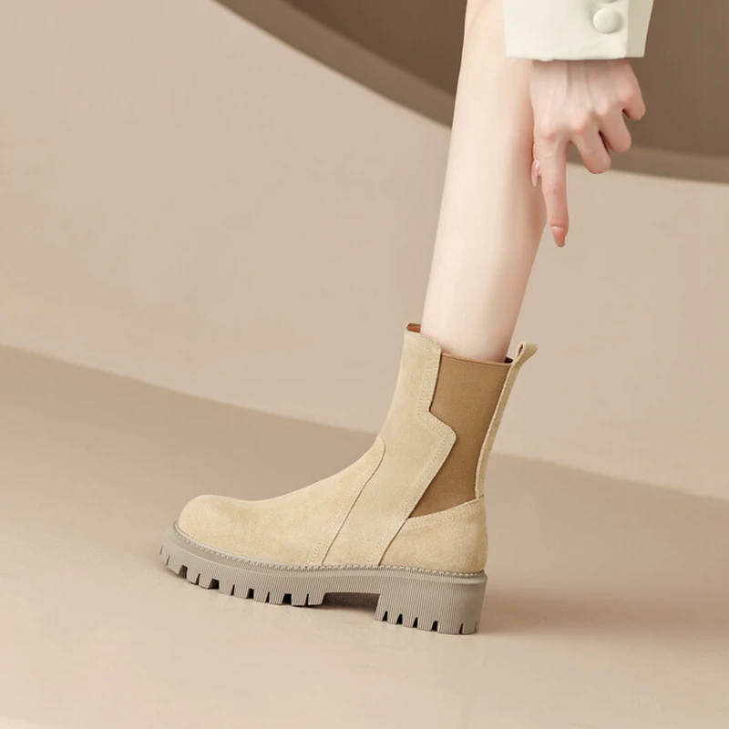 Autumn NEW Round Toe Thick Heel Short Cow Suede Boots Winter Platform Shoes for Women 1b11