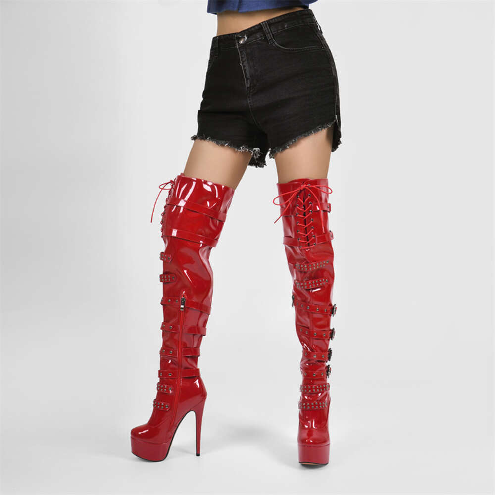 Onlymaker Women Platform Stiletto Red Over The Knee High Side Zipper Patent Leather Fashion Sexy Winter Female Boots