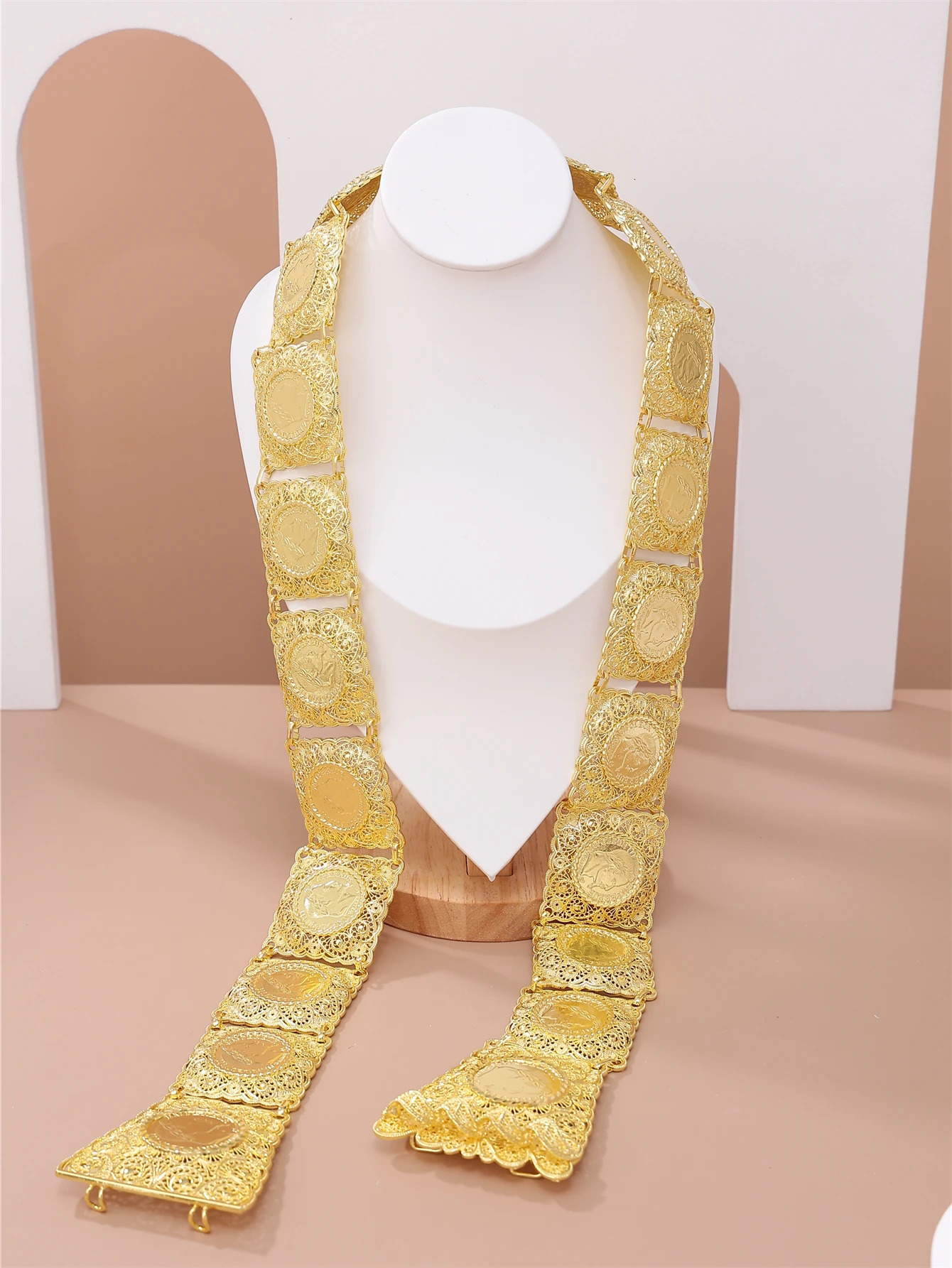 Algerian Coin Belt Gold Plated Metal Hand-Made Fine Carved Napoleon Head Arab Traditional Festival Bridal Waist Chain Jewelry 240531