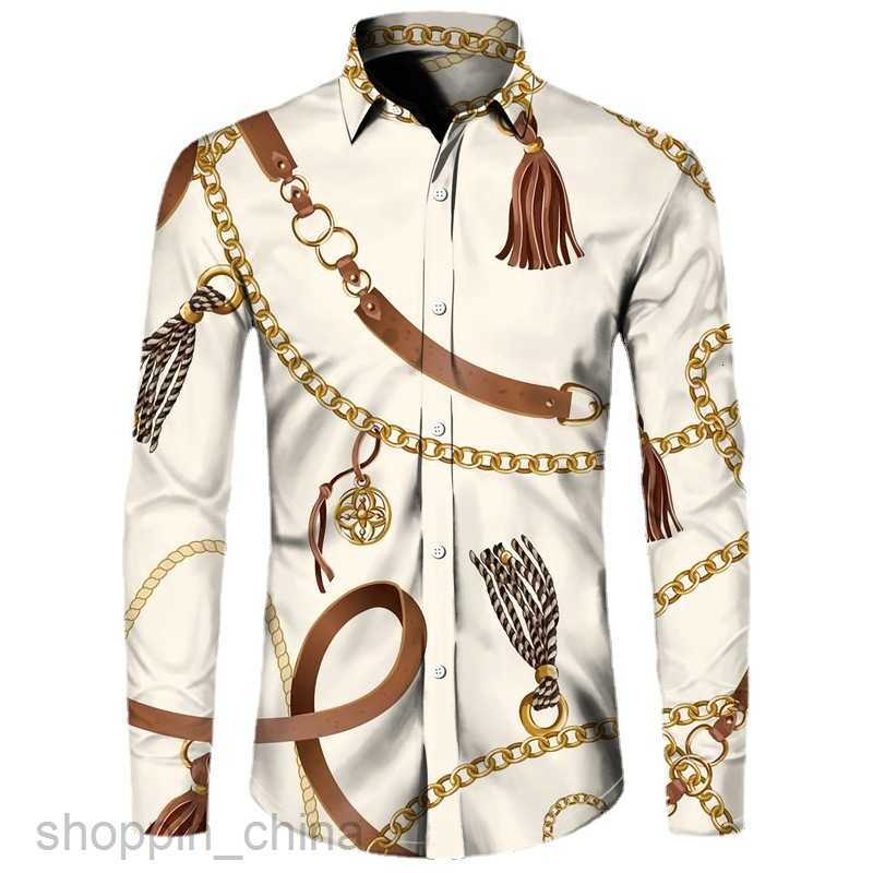 Men's Casual Shirts Directly operated men long sleeved lapel cardigan male fashion gold chain 3D printed long shirt tops