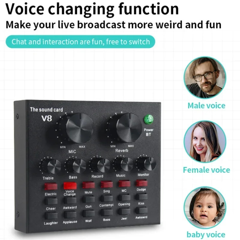 V8 Professional Sound Card Streaming Live Broadcast Podcast Recording Studio Equipment Voice Changer Audio Interface SoundCard 240603