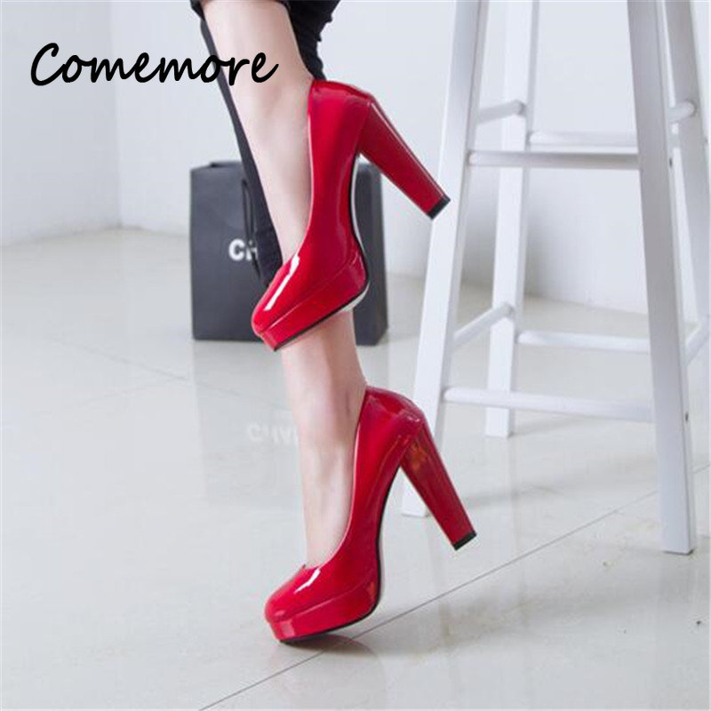 Comemore Women Pumps Shoes Woman PU Leather Shallow Slip-On Round Toe High Heels Wedding Party Derss Shoe Mujer Plus Size 41 42