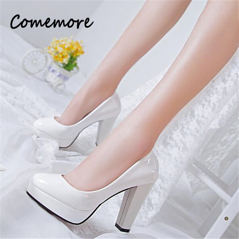 Comemore Women Pumps Shoes Woman PU Leather Shallow Slip-On Round Toe High Heels Wedding Party Derss Shoe Mujer Plus Size 41 42