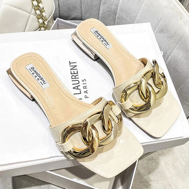 Comemore Summer Metal Chain Womens Slide Low Heel Square Toe Sandals Casual Slide Womens Mule Shoes Dress Flip 240611
