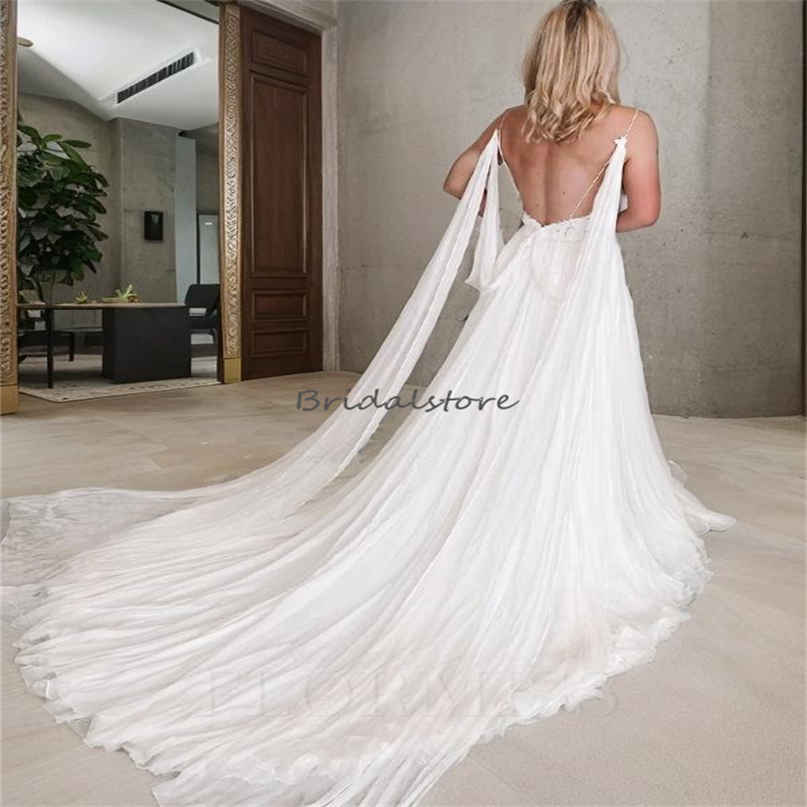 High Slit Chiffon Beach Wedding Dresses With Train Sexy Spaghetti Straps Lace Boho Bridal Dress 2024 Backless Civil Hippie Bride Bohemian Gatsby Vesti