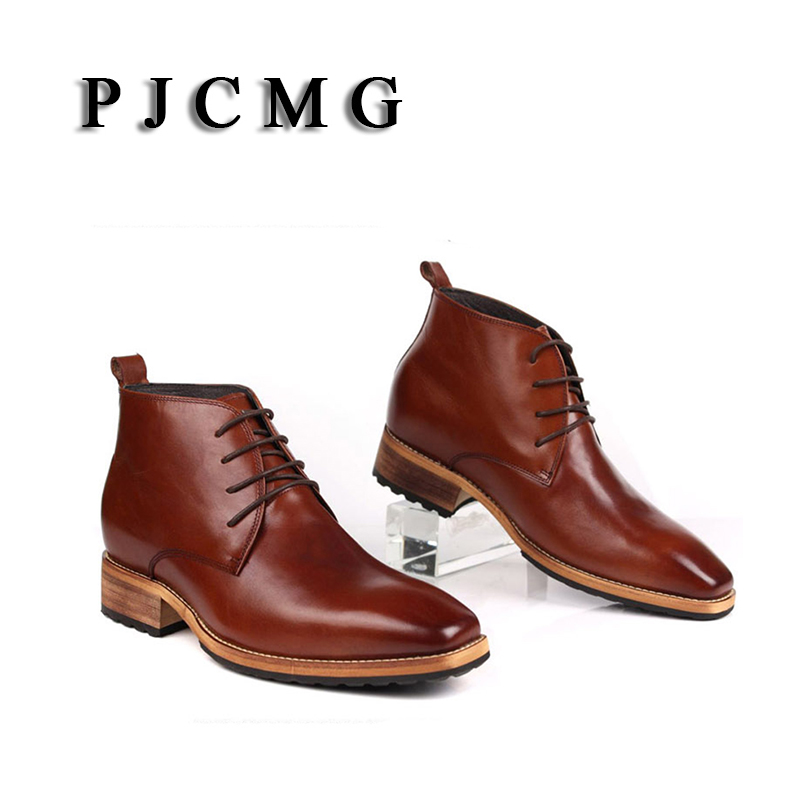 PJCMG New Men's High Genuine Leather Elevator 8 CM Brogue Wedding Office Ankle Boots Lace-Up Male Boots Footwear Botas Hombre