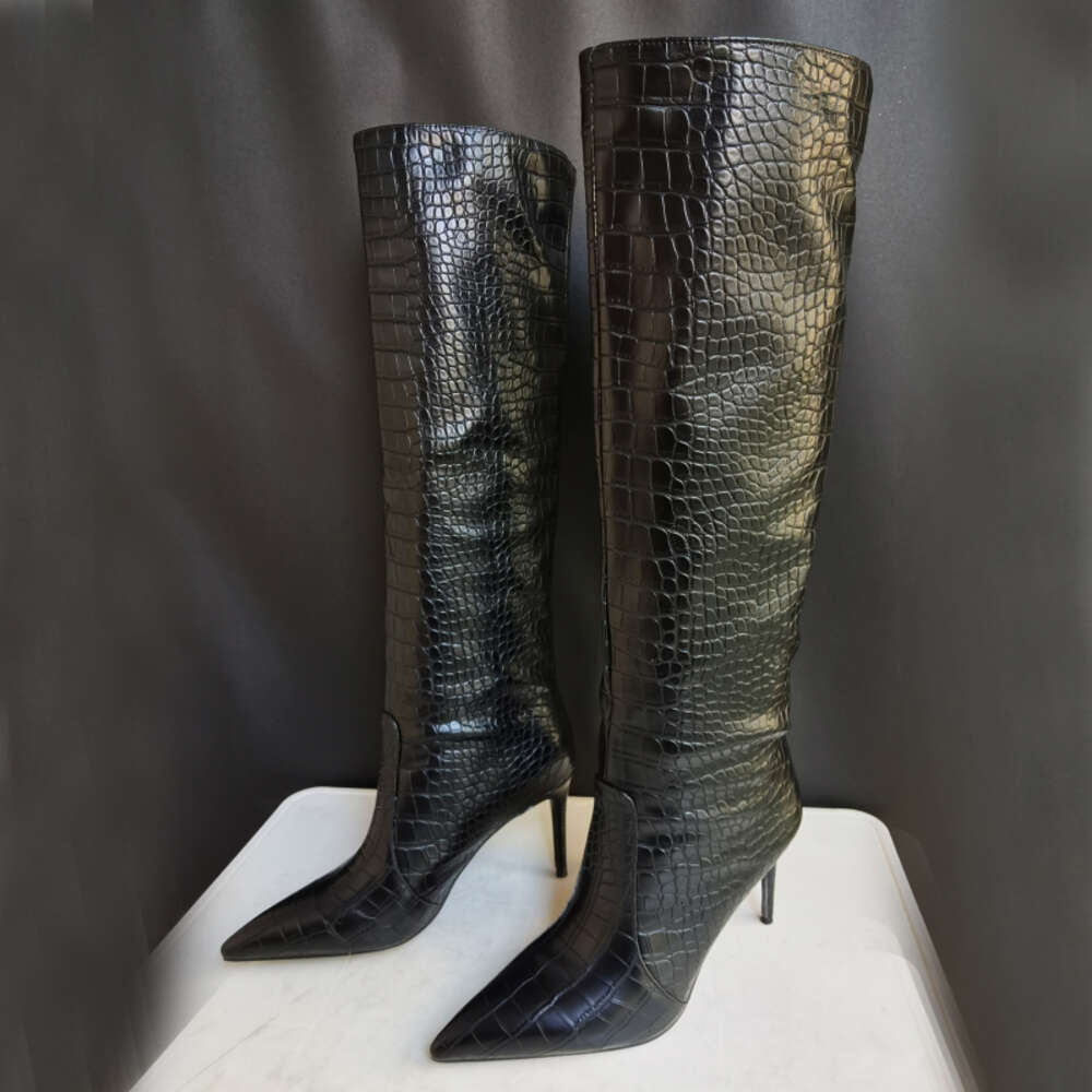 Plus Size 43 Women Sexy Crocodile Pattern Knee High Boots 2022 New Autumn Winter High-Heel Pointed Toe Women's Shoes Green Black