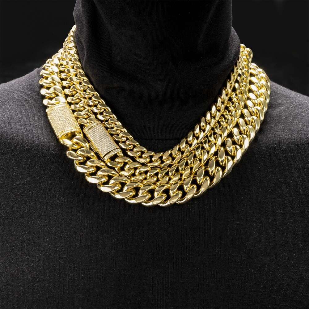 Factory Wholesale Hiphop Rock Men Necklace 18k Gold Filled Plated Stainless Steel Moissnite Miami Cuban Link Chain