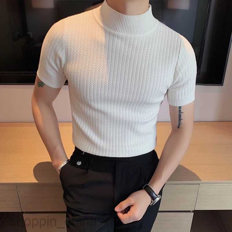 Men's T Shirts New Spring and Autumn Knitted Short sleeved Half High Neck T-shirt Men Slim Fit Inner Layup Top Man Sweater Bottom tees tops