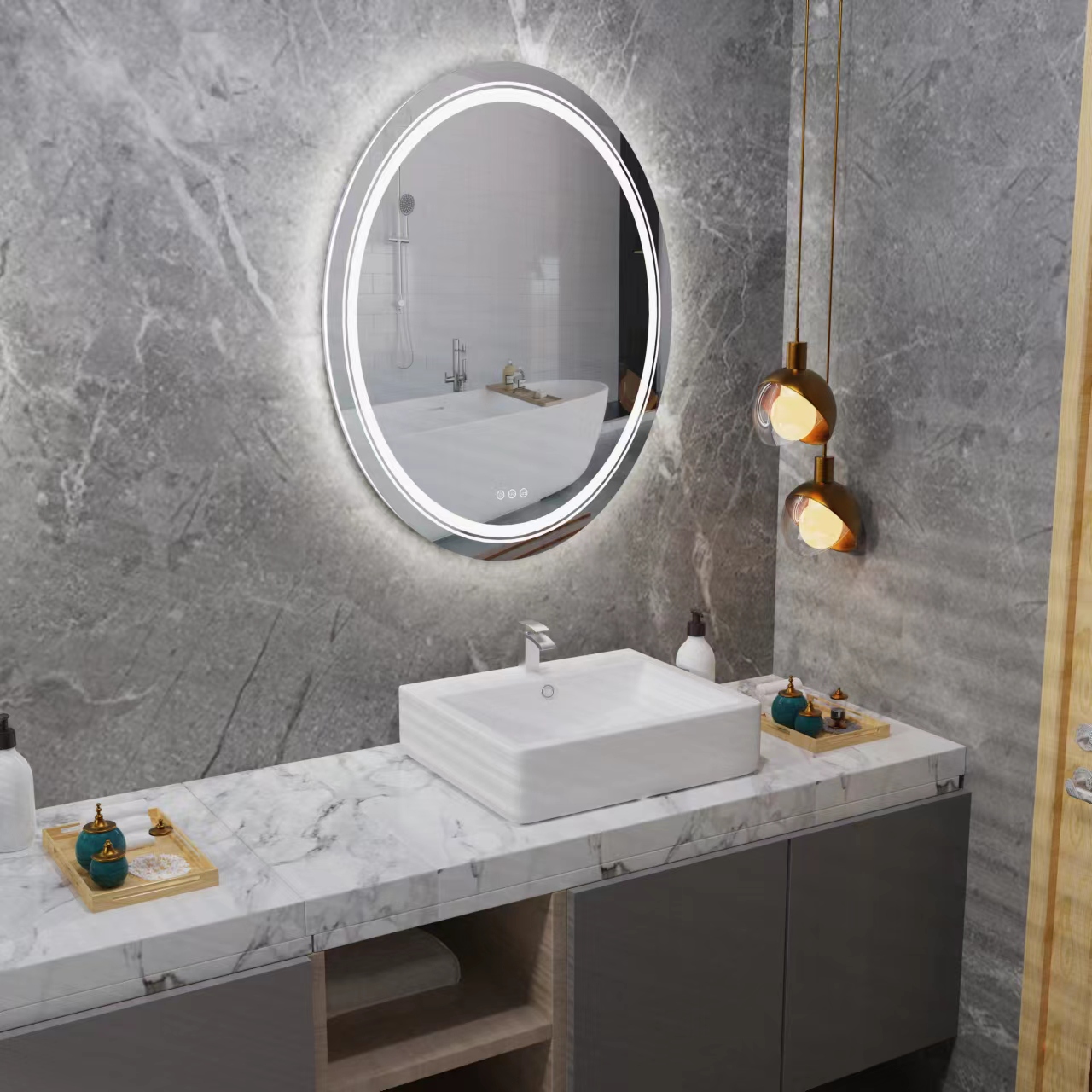 700x500mm LED Oval Mirror Anti-Fog Dimmable Illuminated Vanity Mirror Backlit Wall Mounted Bathroom Mirror with 3 Color Lights Bathroom Mirror